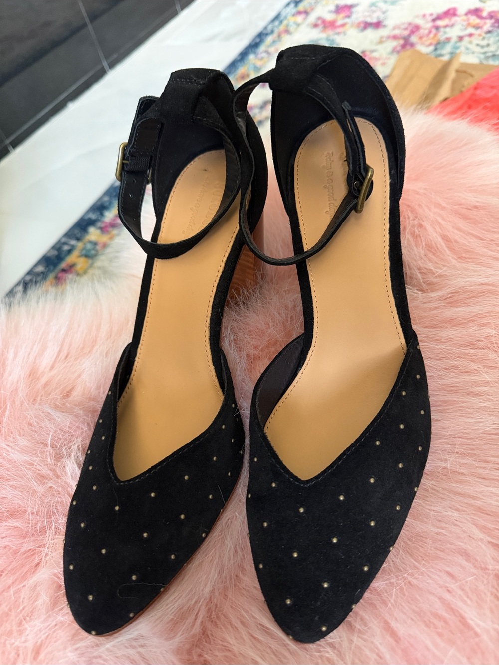Soludos Black Suede Pointed Toe Ankle Strap Heels with Gold Studs